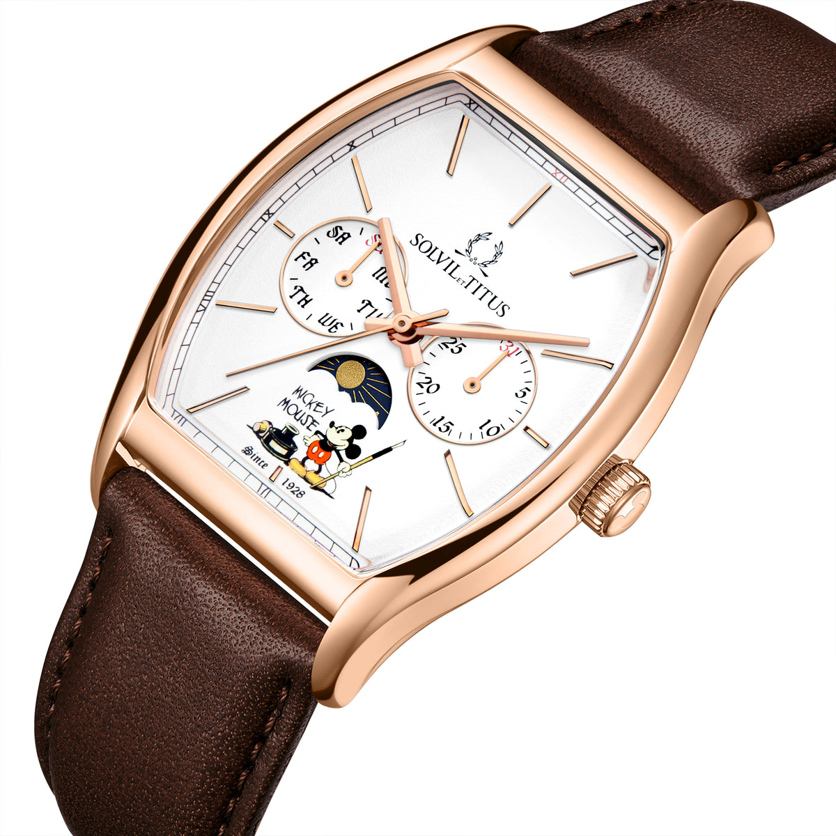 คอลเลกชัน Barista “Mickey Mouse 95th Anniversary” นาฬิกาผู้ชาย ลิมิเตดอิดิชัน เรือนสีโรสโกลด์ มัลติฟังก์ชัน บอกกลางวัน-กลางคืน ระบบควอตซ์ สายหนัง ขนาดตัวเรือน 37 มม. (W06-03355-002)
