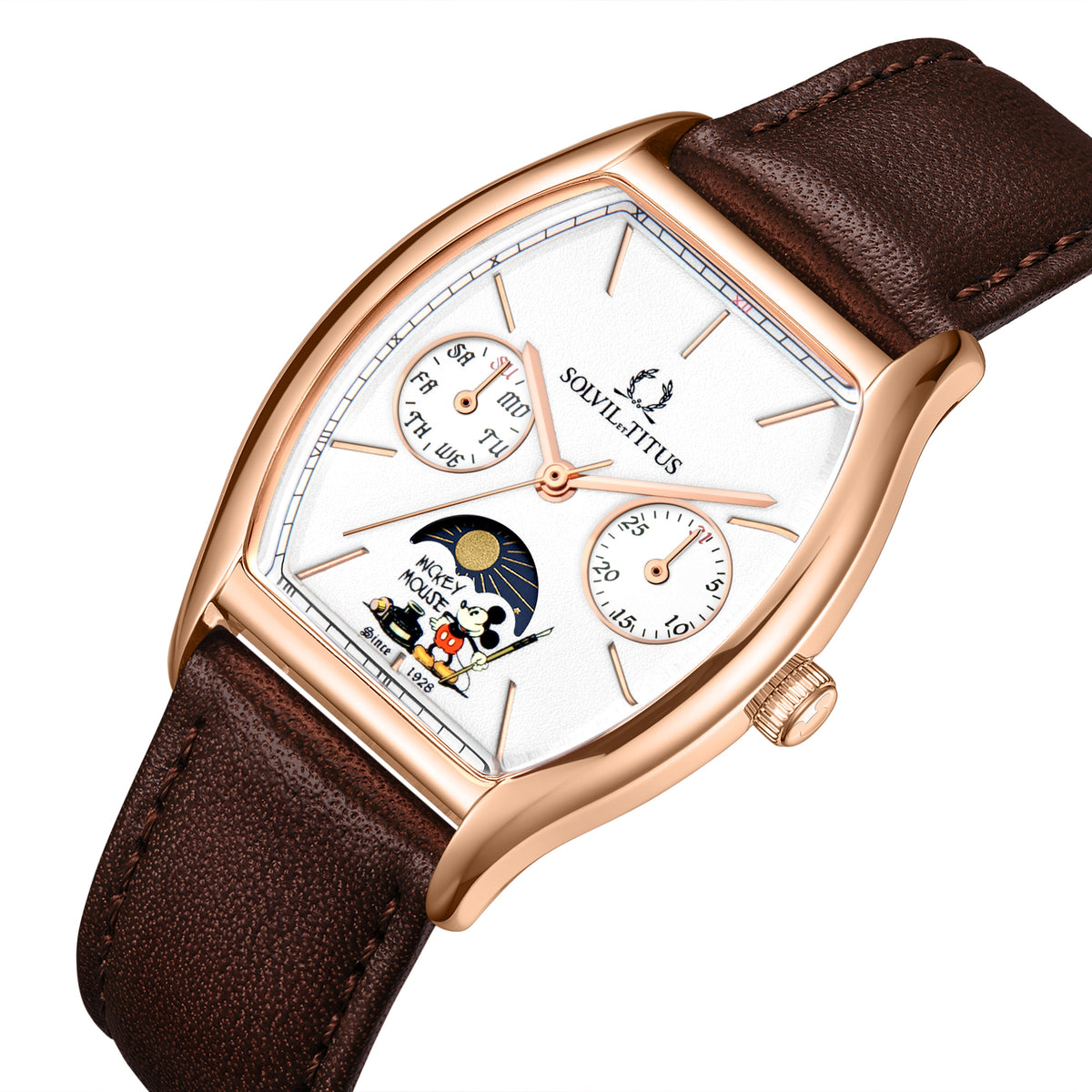 คอลเลกชัน Barista “Mickey Mouse 95th Anniversary” นาฬิกาผู้หญิง ลิมิเตดอิดิชัน เรือนสีโรสโกลด์ มัลติฟังก์ชัน บอกกลางวัน-กลางคืน ระบบควอตซ์ สายหนัง ขนาดตัวเรือน 31 มม. (W06-03356-002)
