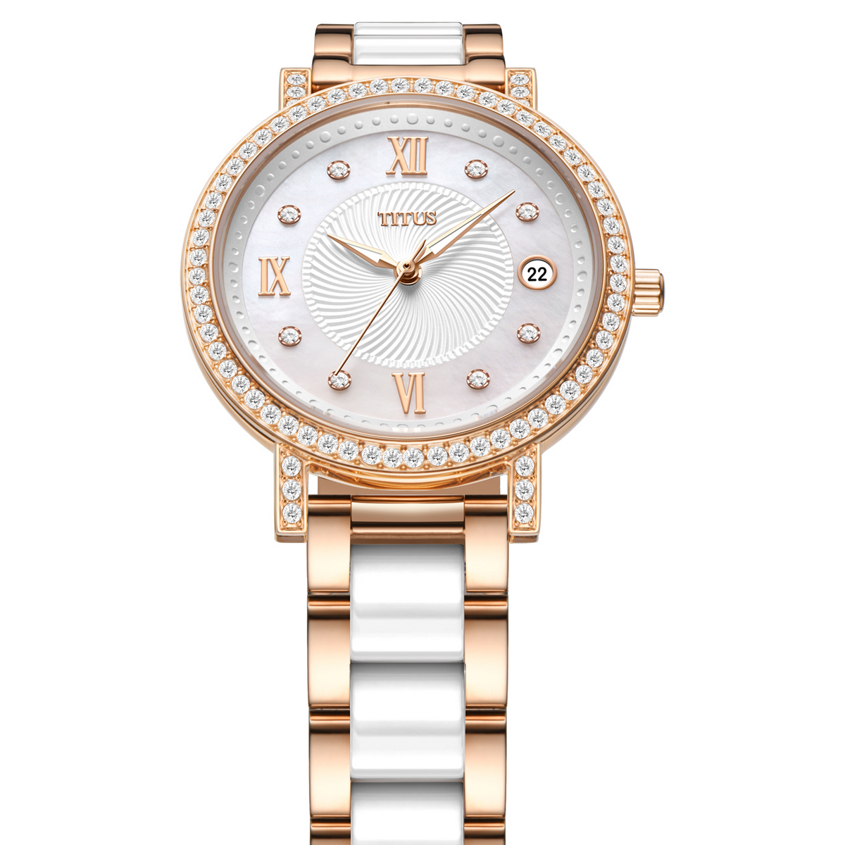 นาฬิกาผู้หญิง Chandelier 3 เข็ม วันที่ ระบบควอตซ์ สายสเตนเสลสตีลและเซรามิก ขนาดตัวเรือน 32.5 มม. (W06-03191-002)