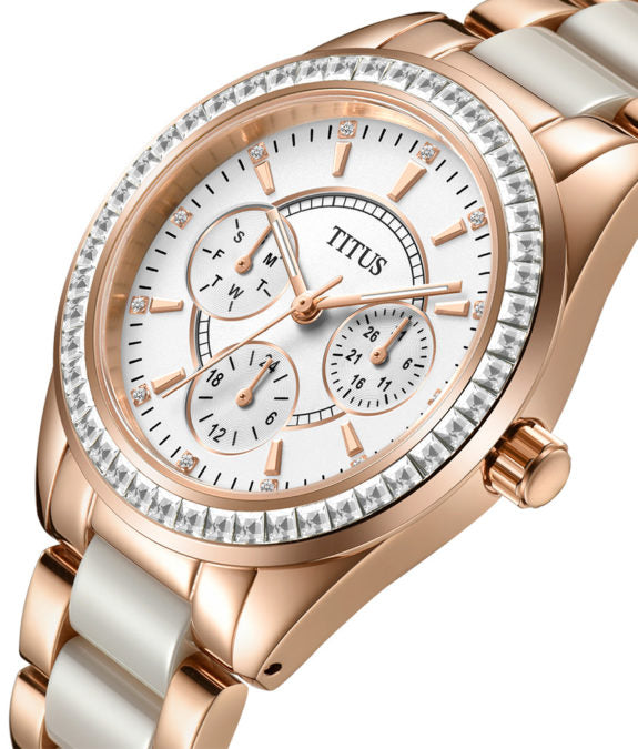 นาฬิกาผู้หญิง Perse มัลติฟังก์ชัน ระบบควอตซ์ สายสแตนเลสสตีลและเซรามิก ขนาดตัวเรือน 35.5 มม. (W06-02108-011)