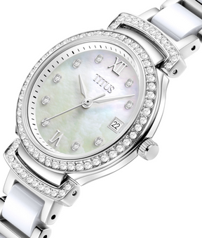 นาฬิกาผู้หญิง Fair Lady 3 เข็ม วันที่ ระบบควอตซ์ สายสแตนเลสสตีลและเซรามิก ขนาดตัวเรือน 27 มม. (W06-03139-001)
