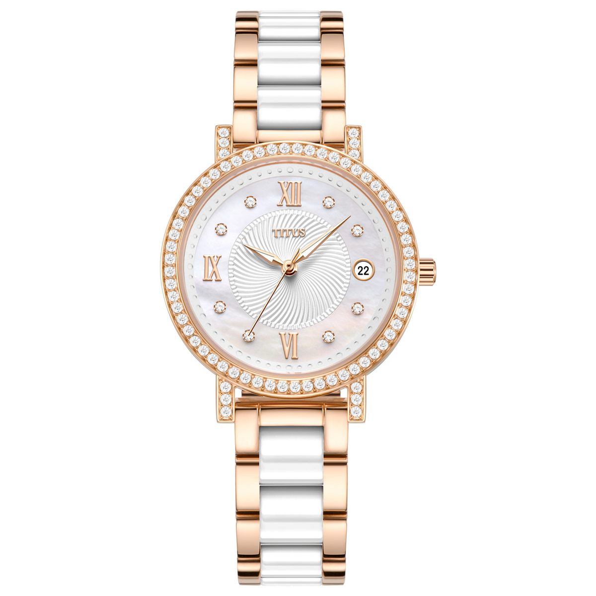 นาฬิกาผู้หญิง Chandelier 3 เข็ม วันที่ ระบบควอตซ์ สายสเตนเสลสตีลและเซรามิก ขนาดตัวเรือน 32.5 มม. (W06-03191-002)