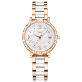 นาฬิกาผู้หญิง Chandelier 3 เข็ม วันที่ ระบบควอตซ์ สายสเตนเสลสตีลและเซรามิก ขนาดตัวเรือน 32.5 มม. (W06-03191-002)