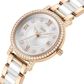 นาฬิกาผู้หญิง Chandelier 3 เข็ม วันที่ ระบบควอตซ์ สายสเตนเสลสตีลและเซรามิก ขนาดตัวเรือน 32.5 มม. (W06-03191-002)