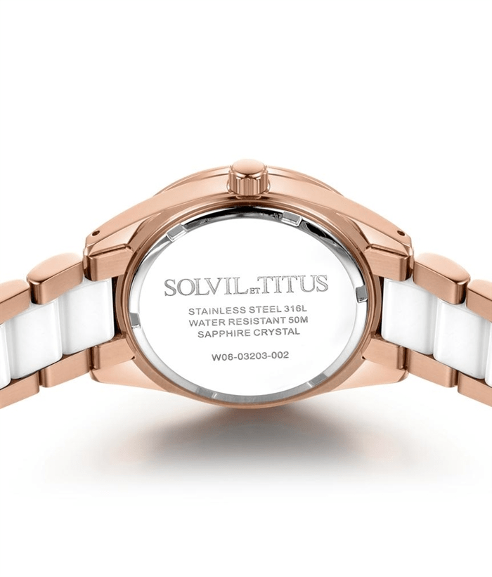 นาฬิกาผู้หญิง Perse มัลติฟังก์ชัน ระบบควอตซ์ สายสแตนเลสสตีลและเซรามิก ขนาดตัวเรือน 35.5 มม. (W06-03203-002)
