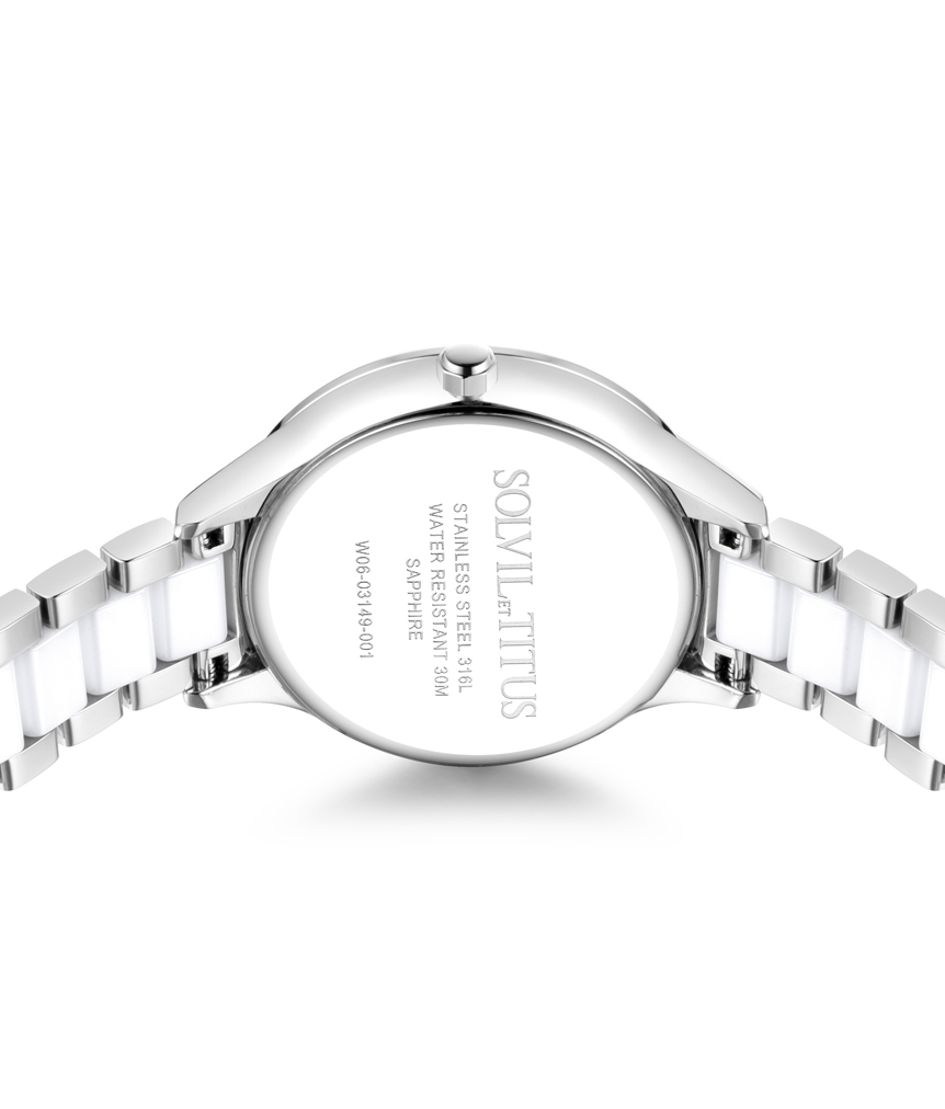 นาฬิกาผู้หญิง Fashionista มัลติฟังก์ชัน ระบบควอตซ์ สายสแตนเลสสตีลและเซรามิก ขนาดตัวเรือน 37 มม. (W06-03149-001)